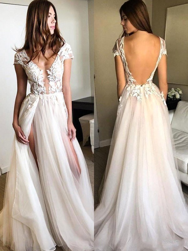 A-Line/Princess Short Sleeves V-neck Sweep/Brush Train Applique Tulle Dresses