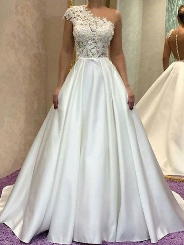 A-Line/Princess One-Shoulder Sleeveles Sweep/Brush Train Lace Satin Wedding Dresses