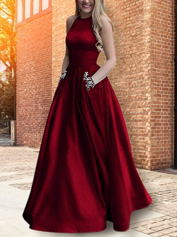 A-Line/Princess Halter Sleeveless Floor-Length Beading Satin Dresses