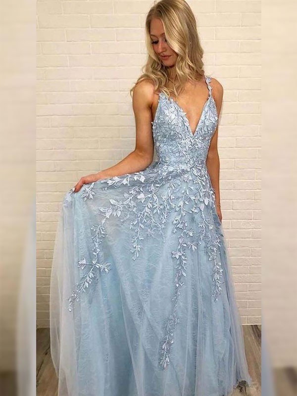 A-Line/Princess V-neck Sleeveless Floor-Length Applique Tulle Dresses