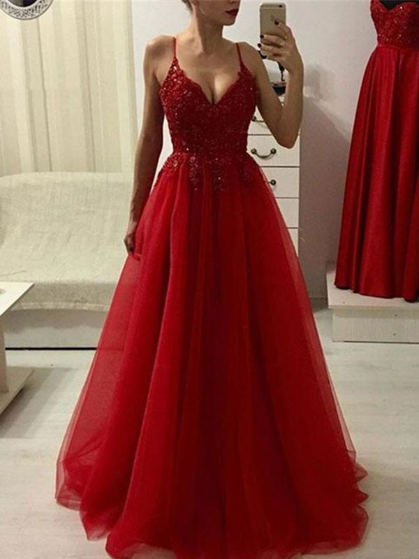 A-Line/Princess Spaghetti Straps Sleeveless Floor-Length Applique Tulle Dresses