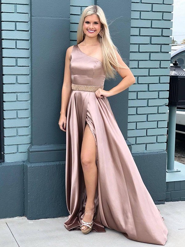 A-Line/Princess Satin Beading One-Shoulder Sleeveless Sweep/Brush Train Dresses
