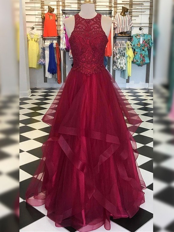A-Line/Princess Organza Beading Scoop Sleeveless Floor-Length Dresses