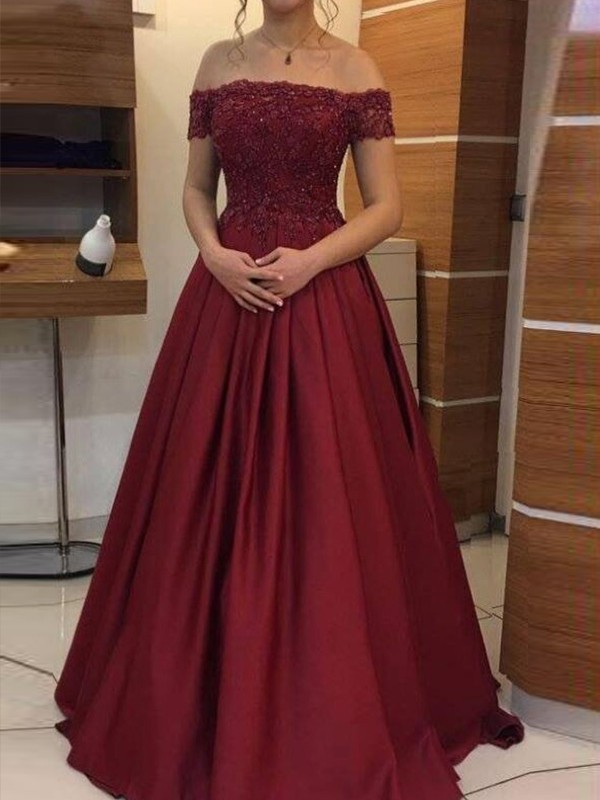Ball Gown Off-the-Shoulder Sleeveless Floor-Length Applique Satin Dresses
