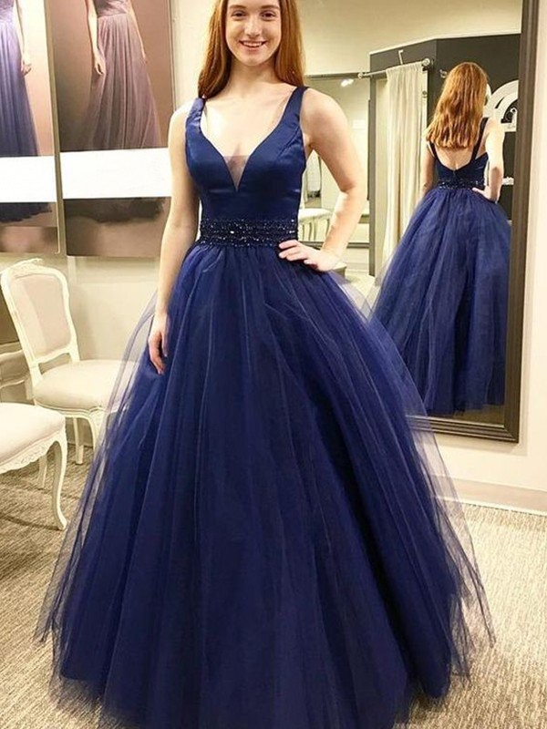 Ball Gown Sleeveless V-neck Floor-Length Beading Tulle Dresses