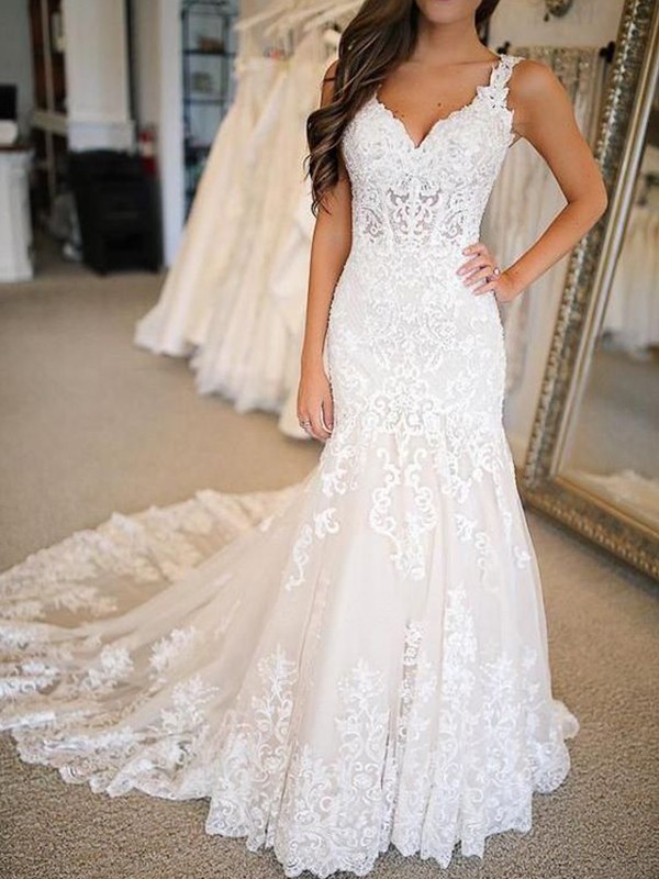 Trumpet/Mermaid Tulle Applique V-neck Sleeveless Sweep/Brush Train Wedding Dresses