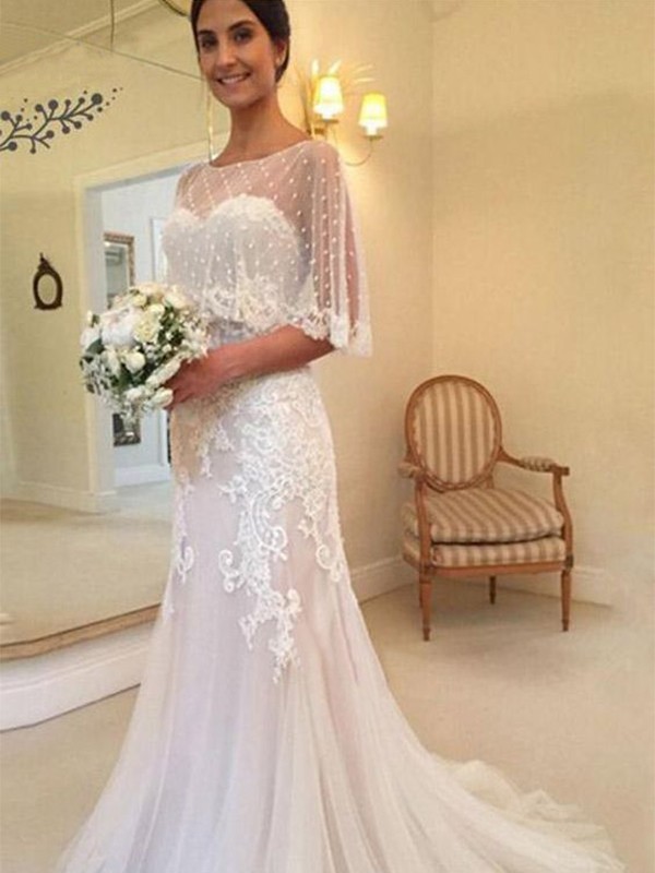 Sheath/Column Tulle Applique Sweetheart Sleeveless Sweep/Brush Train Wedding Dresses