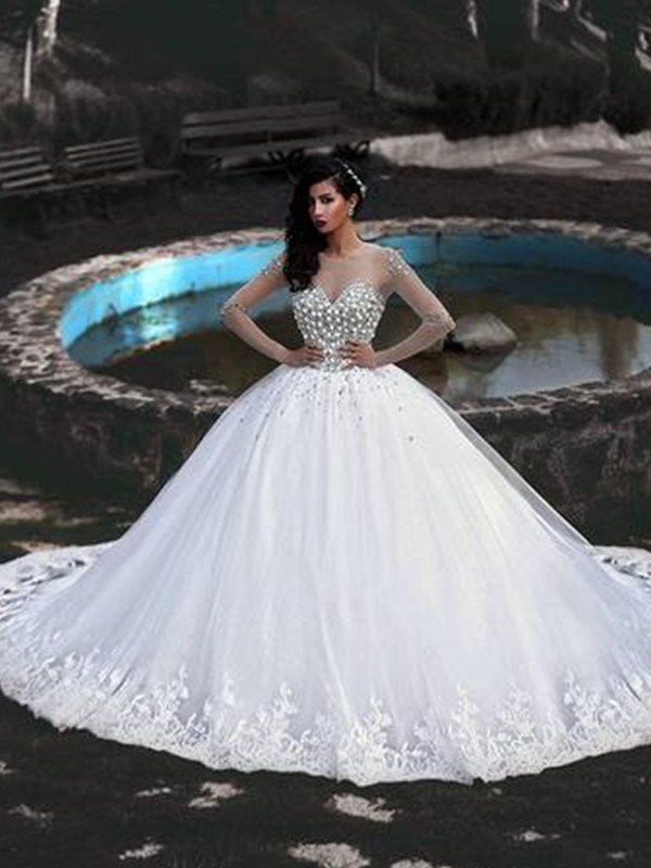 Ball Gown Tulle Beading Scoop Long Sleeves Sweep/Brush Train Wedding Dresses