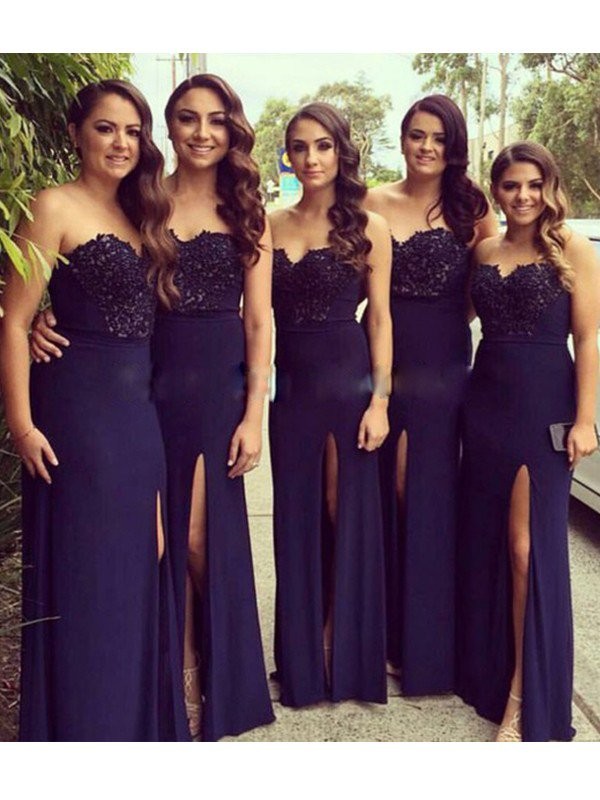 A-Line/Princess Sweetheart Sleeveless Floor-Length Lace Spandex Bridesmaid Dresses