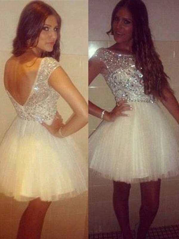 A-Line/Princess Sleeveless Scoop Beading Tulle Short/Mini Dresses