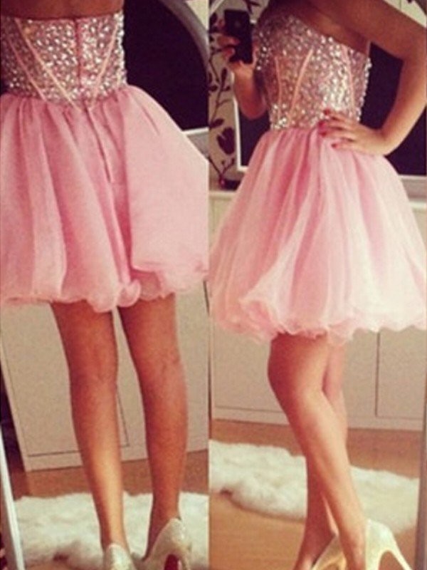 A-Line/Princess Sleeveless Sweetheart Beading Tulle Short/Mini Dresses