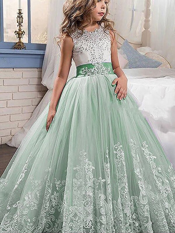 Ball Gown Jewel Sleeveless Lace Sweep/Brush Train Tulle Flower Girl Dresses