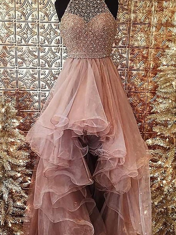 Ball Gown Halter Sleeveless Beading Sweep/Brush Train Tulle Dresses