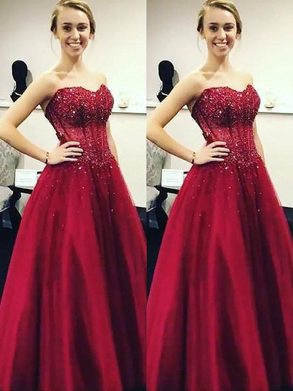 Ball Gown Sleeveless Sweetheart Beading Floor-Length Satin Dresses