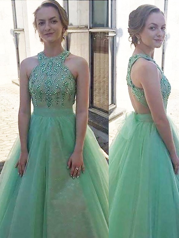 Ball Gown Sleeveless Halter Beading Floor-Length Tulle Dresses