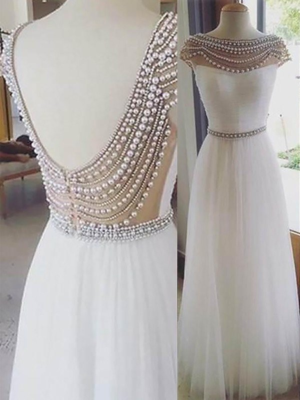 A-Line/Princess Bateau Sleeveless Floor-Length Beading Tulle Dresses