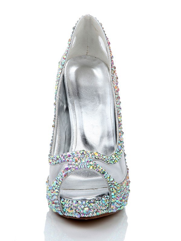 Women's Sheepskin Stiletto Heel Rhinestone Peep Toe Sandal Shoes