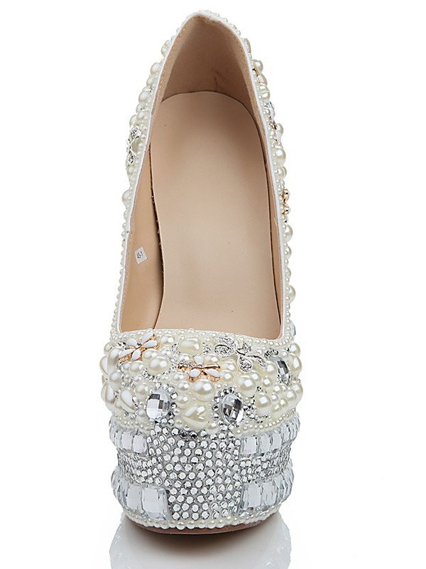 Women's Stiletto Heel Platform Patent Leather Closed Toe With Pearl White Wedding Shoes