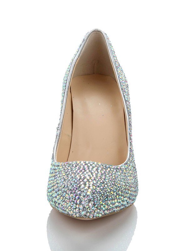 Women's Cone Heel Sheepskin Closed Toe With Rhinestone Silver Wedding Shoes