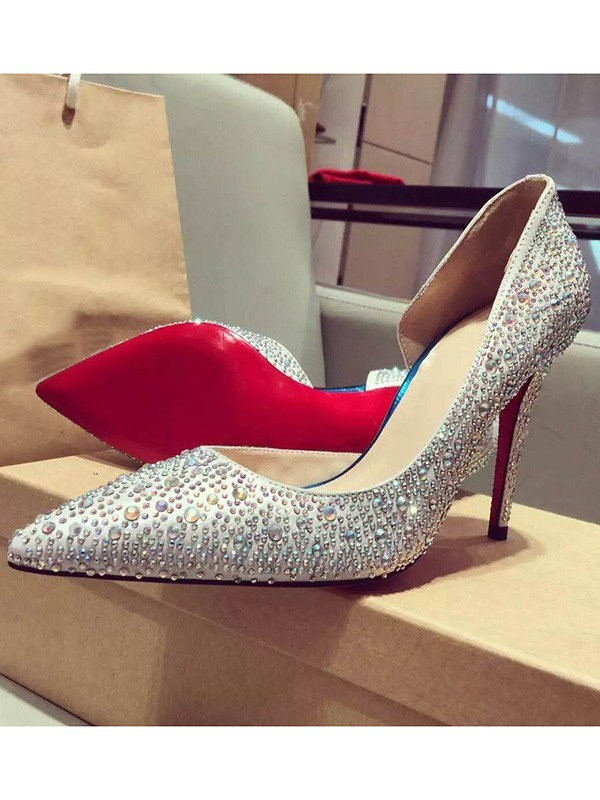 Women's Satin Closed Toe Stiletto Heel With Rhinestone High Heels