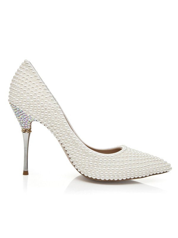 Women's Patent Leather Stiletto Heel Closed Toe With Pearl High Heels