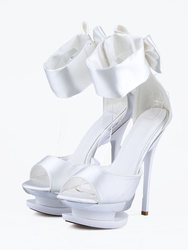 Women's Satin Stiletto Heel Peep Toe With Bowknot Platform High Heels