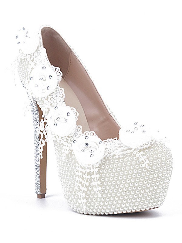 Women's Patent Leather Stiletto Heel Closed Toe With Pearl White Wedding Shoes