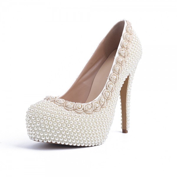 Women's Patent Leather Closed Toe Stiletto Heel Platform With Pearl White Wedding Shoes