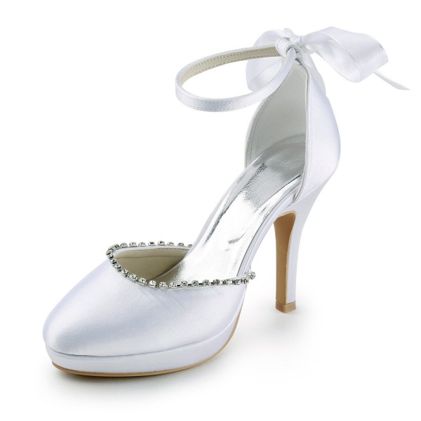 Women's Satin Stiletto Heel Closed Toe with Rhinestones White Wedding Shoes