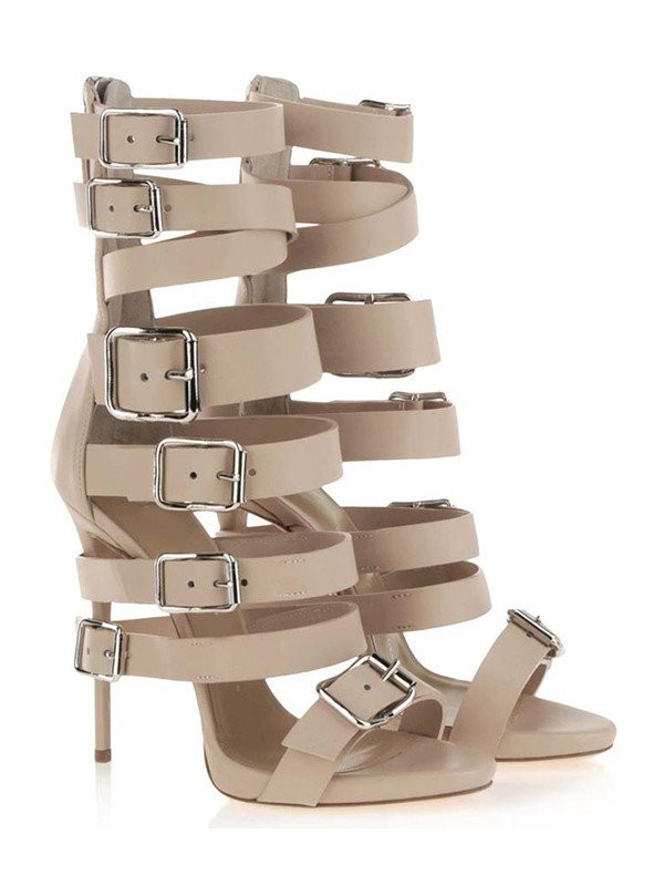 Women's Stiletto Heel Suede Peep Toe Platform With Buckle Sandal Mid-Calf Champagne Boots