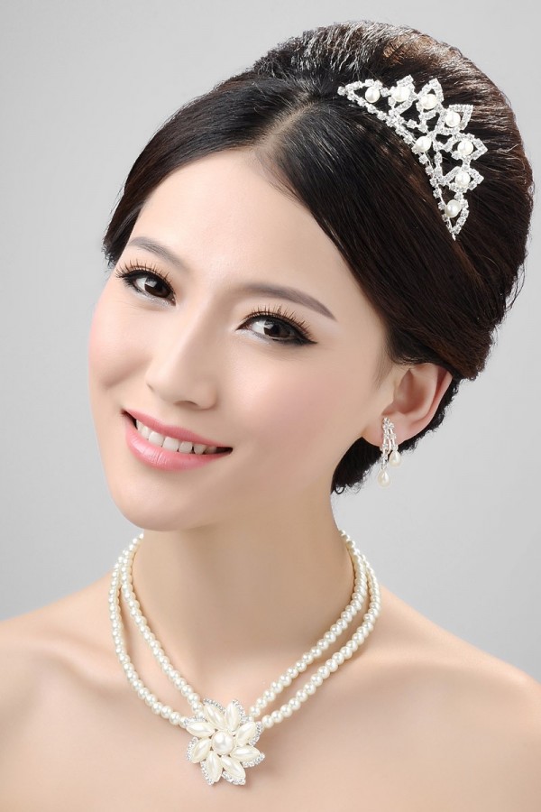 Stunning Pearls Alloy Clear Crystals Flower Wedding Headpieces Necklaces Earrings Set