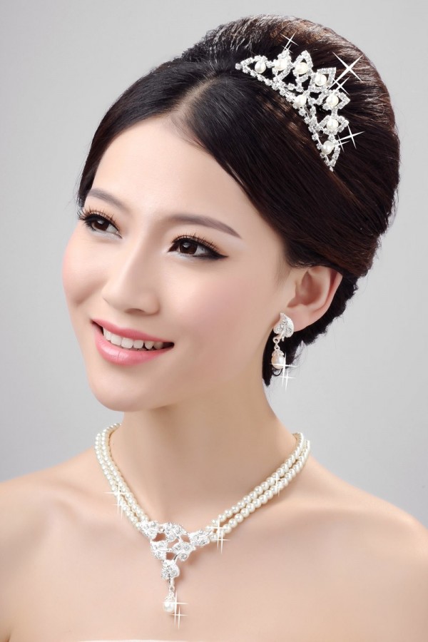 Stunning Pearls Alloy Clear Crystals Wedding Headpieces Necklaces Earrings Set
