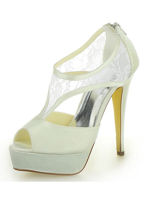 Women's Stiletto Heel Satin Platform Peep Toe With Zipper Ivory Wedding Shoes