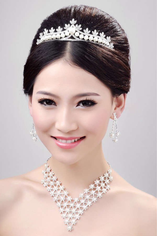 Very Charming Alloy Clear Crystals Pearls Wedding Headpieces Necklaces Earrings Set