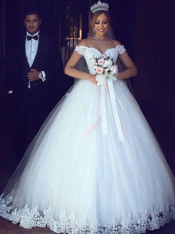Ball Gown Off-the-Shoulder Sleeveless Floor-Length Lace Tulle Wedding Dresses