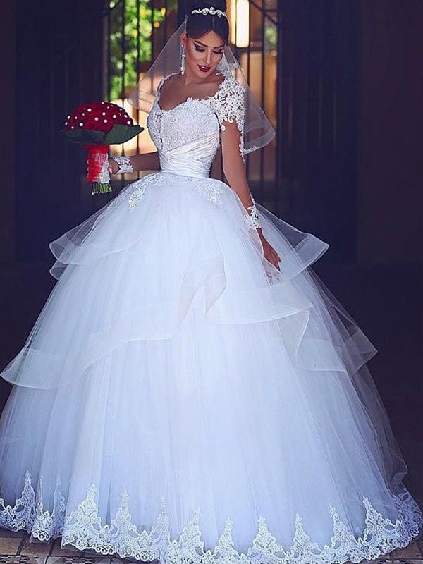 Ball Gown Sweetheart Long Sleeves Floor-Length Lace Tulle Wedding Dresses