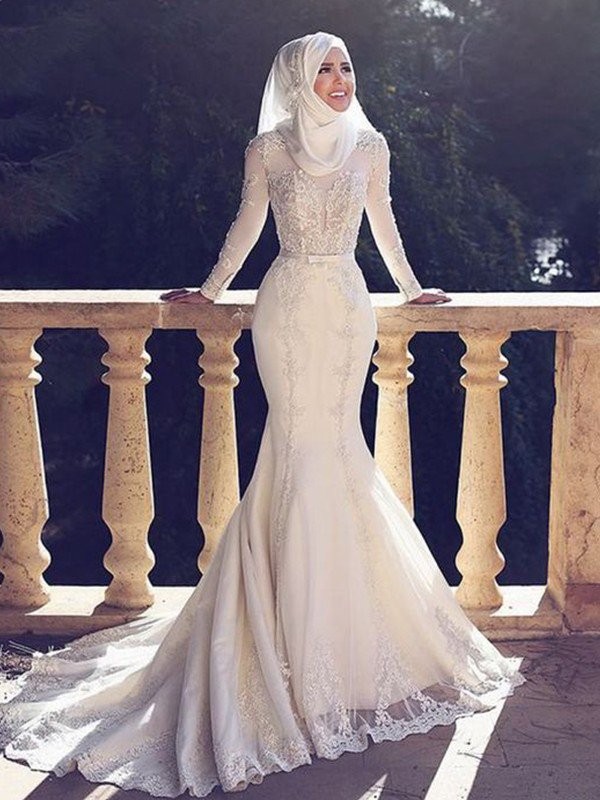 Trumpet/Mermaid Jewel Long Sleeves Sweep/Brush Train Lace Tulle Wedding Dresses