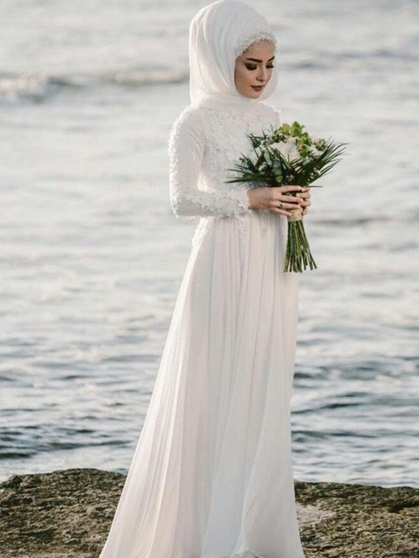 A-Line/Princess Jewel Long Sleeves Floor-Length Applique Chiffon Wedding Dresses
