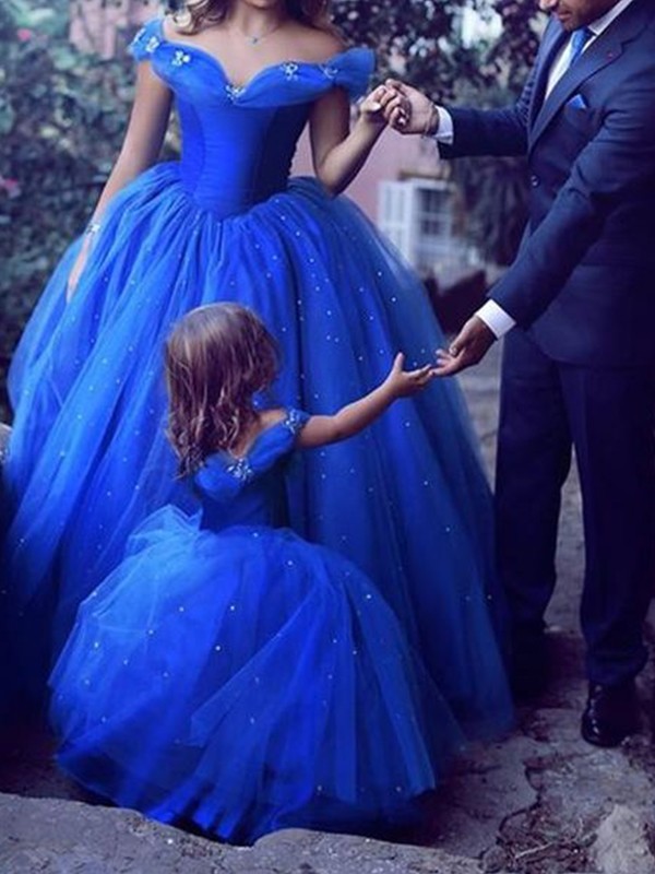 Ball Gown Off-the-Shoulder Sleeveless Floor-Length Beading Tulle Dresses