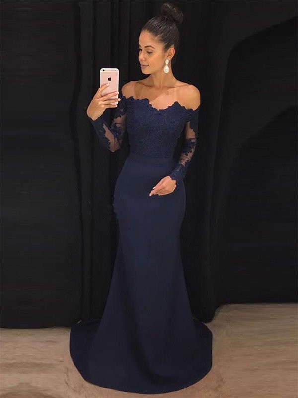 Trumpet/Mermaid Off-the-Shoulder Long Sleeves Sweep/Brush Train Lace Satin Dresses