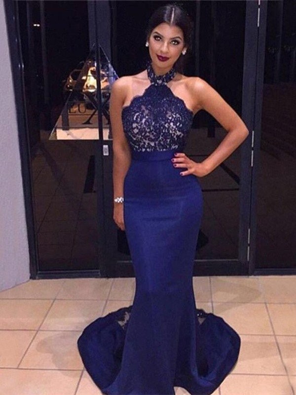 Sheath/Column Halter Sleeveless Sweep/Brush Train Lace Satin Dresses