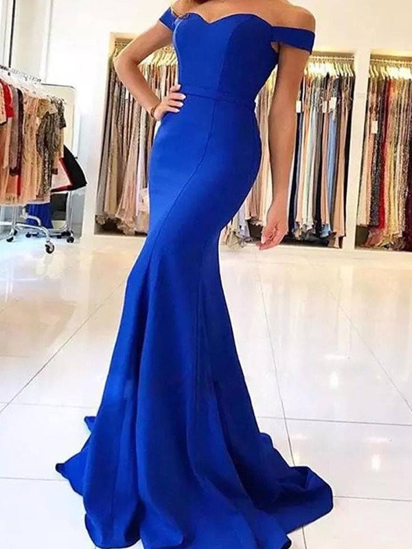 Trumpet/Mermaid Off-the-Shoulder Sleeveless Sweep/Brush Train Ruffles Satin Dresses