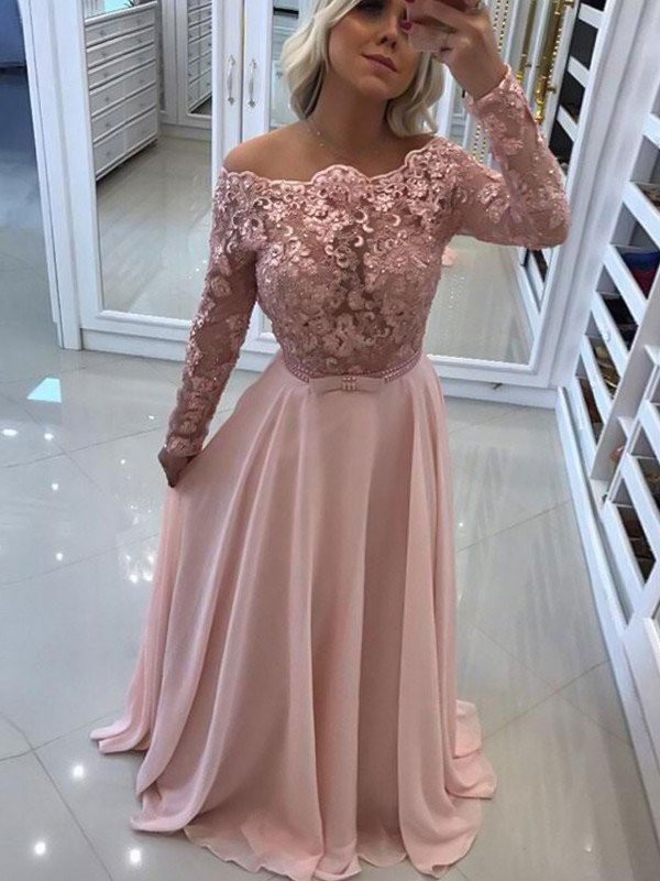 A-Line/Princess Bateau Long Sleeves Floor-Length Lace Chiffon Dresses