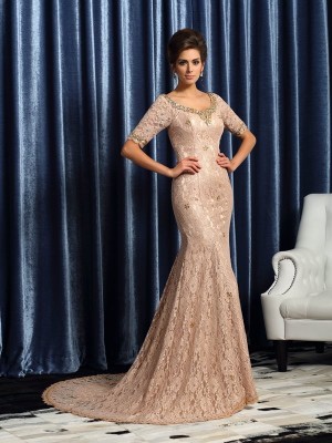 Trumpet/Mermaid V-neck Lace 1/2 Sleeves Long Elastic Woven Satin Mother of the Bride Dresses