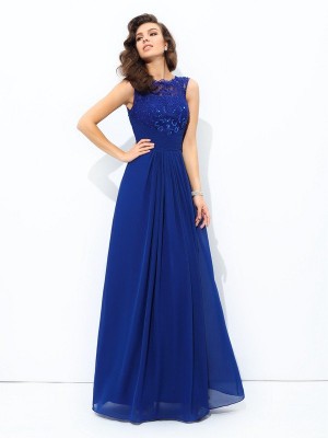 A-line/Princess Scoop Lace Sleeveless Long Chiffon Dresses