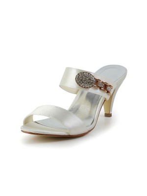 Women's Attractive Satin Peep Toe Cone Heel With Rhinestone Ivory Sandal Shoes