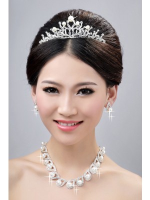 Charming Alloy Clear Crystals Pearls Wedding Headpieces Necklaces Earrings Set