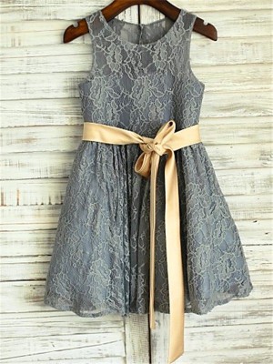 A-line/Princess Scoop Sleeveless Sash/Ribbon/Belt Tea-Length Lace Flower Girl Dresses