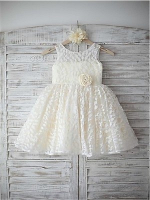 A-line/Princess Sleeveless Scoop Hand-made Flower Tea-Length Lace Flower Girl Dresses