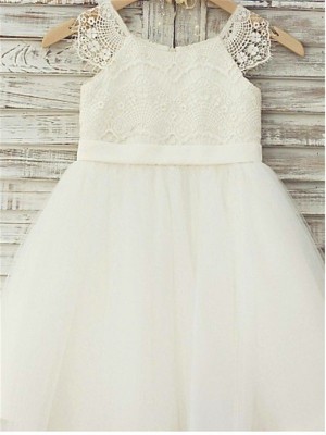 A-line/Princess Scoop Sleeveless Lace Knee-Length Tulle Flower Girl Dresses